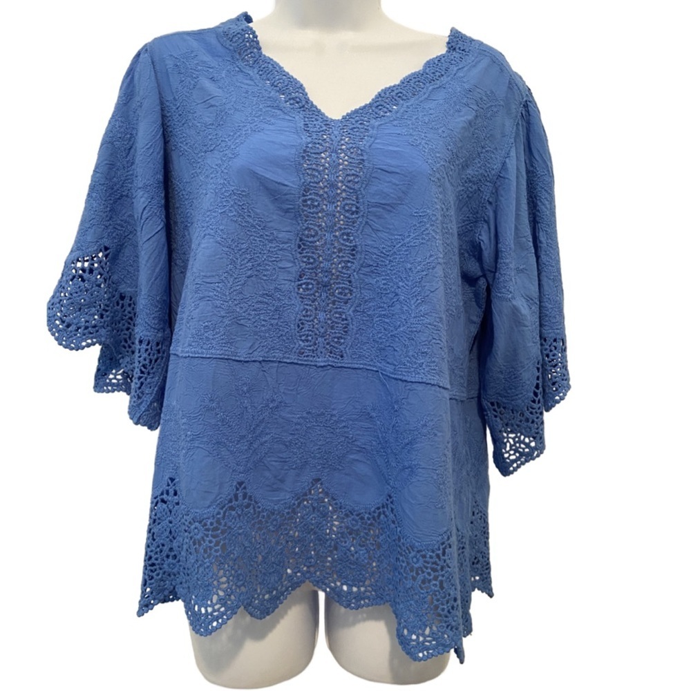 Democracy Woven Cotten Crochet Trim Peplum Top Cerulean Blue S - Picture 5 of 16
